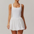 White sleeveless tennis dress with bubble skirt hem for outdoor fitness and running - Swan White