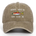 Close-up of multicolor fish embroidery on washed cotton baseball cap with funny slogans - Khaki