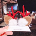 Christmas deer antler hair clips with red velvet horns and fluffy white fur balls on card - 6# White Pom Pom Red Antler Pair Clips
