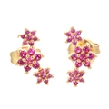 Elegant gold flower cluster earrings with pink gemstones in a triple floral drop design - Gold Plated - Red Zirconia