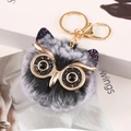 Glittery owl faux fur keychain in grey mix with golden ring for women bags - 8cm / Black and White Frost