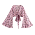 Bohemian floral crop top for women featuring pink flare sleeves and front tie design - XS / Pink