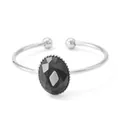 Classic silver stainless steel cuff ring with black oval faceted faux agate stone - Platinum Silver (PBJ253)