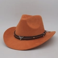 Classic bright orange faux suede western cowboy hat with wide brim and bull head pendant - One Size (56-60cm) / Small Bull Head (J Cowboy 60) / Khaki