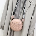 Round quilted crossbody bag in dusty rose pink with wide woven logo shoulder strap - Pink