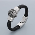 Pulsera de cuero trenzado negro con cabeza de león de acero inoxidable y cierre plateado - Estilo de Cabeza de León A (KB80477-BD) / Negro/Plata
