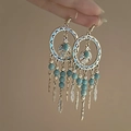 Vintage bohemian earrings with silver bird motif and turquoise beaded feather tassels - 24# Hook-Silver-Teal