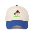 Detailed view of mushroom embroidery and contrast color stitching on the baseball cap - Adjustable / Sapphire Blue