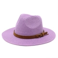 Detailed close-up of purple straw fedora hat featuring a brown suede band and gold buckle - M (56-58cm) / Taro Purple