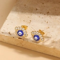 Golden Evil Eye stud earrings with blue enamel and cubic zirconia on a stone - Large Evil Eye Style (ES2314-1)