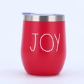 12oz Red stainless steel insulated egg mug with JOY print and clear spill-proof lid - Red JOY Lettering Style
