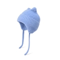 Winter light blue knit earflap hat for kids featuring cute cat ears and long straps - Blue