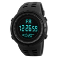 Macro view of black digital sports watch with negative display showing time and date - Black