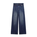 Women high waist wide leg denim jeans in dark blue with vertical stitching and pockets - XS / Denim Blue