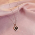 Minimalist double-sided black heart pendant necklace with silver textured border - Necklace / Steel Color / Black & White Double-sided