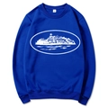 Royal blue crewneck sweatshirt with white island building graphic and ribbed cuffs - Blue