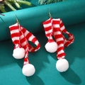 Christmas knit scarf earrings with red white stripes and soft white plush balls - Long Striped Scarf