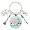 Silver dental care keychain with toothbrush, toothpaste, floss and tooth charms - Cute Female Dentist and Tooth Family