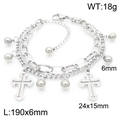 Silver double layer stainless steel chain bracelet with cross and bead charms - Style F Steel Color (KB187013-Z)