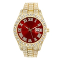 Macro view of iced-out gold watch with red dial and roman numeral date display - Gold Case Red Dial