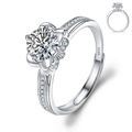Adjustable S925 sterling silver ring featuring a round petal-set zircon and side stones - Adjustable Open / Celebrity Style Petal Halo Design (1 Carat Effect)