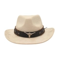 Classic beige felt cowboy hat with brown leather band and silver bull head ornament - One Size / Beige