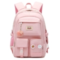 Pink large school backpack for students with fluffy pompom and decorative badges - With Pink Fur Ball / Pink