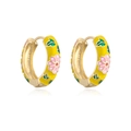Detailed view of 18K gold plated hoop earrings with yellow and pink enamel floral patterns - Yellow Enamel Pink Flower (42449)