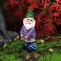 Funny garden gnome on tree stump, resin figurine with green hat and purple shirt decoration - Urinating Gnome (Loose)