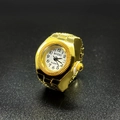 Minimalist gold ring watch with white dial and black Arabic numerals on black texture - Small Round White Dial