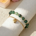 Magnetic couple bracelet set with green agate beads and golden heart charm pendant - Green Bead Chain & Gold Thin Chain - Heart Pendant