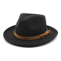 Sombrero fedora clásico de fieltro negro grueso con banda de cuero marrón y hebilla oro - M(56-58cm) / Negro