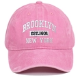 Detailed view of pink washed cotton baseball cap with Brooklyn embroidery and fine stitching - Pink