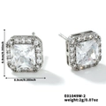 Macro view of square silver earrings with cubic zirconia and size specifications - Clear White Small Square Style (E01049W-2)