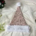 Detail of pink sequins Christmas hat with white faux fur trim on a textured surface - 31*47cm / Pink Champagne