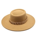 Classic camel wool felt boater hat with a flat top and stylish gold chain accessory - M (56-58cm) / Camel