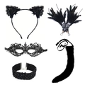 Black lace catwoman accessory set with ears, mask, collar, gloves and tail for Halloween - Black Set Style 5 (5 Pcs) / Black