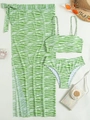 Green and white striped three-piece bikini set with a matching long side-slit beach skirt - S / Light Green