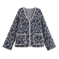 Gewatteerde damesjas in marineblauw met bloemenprint, V-hals en voorzakken - S / Blauw
