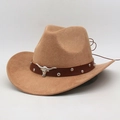 Classic camel wool felt western cowboy hat with silver bull head leather band decoration - Camel
