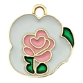Pink rose and green leaf white enamel heart charm in golden metal finish for DIY jewelry - 1Pc Flower Tag 18x17mm