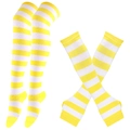 Yellow and white striped thigh-high knit socks and fingerless arm sleeves set - One Size / Yellow White Stripes