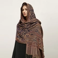 Detail shot of navy blue paisley cashmere-like shawl with intricate patterns and fringe - T368-16 Dark Blue Brown