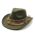 Detail view of army green wool felt fedora with bohemian fringe and gold chain accents - M (56-58cm) / Army Green