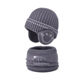 Dark gray kids knitted hat and scarf set with cute smile and hedgehog patterns - Dark Gray