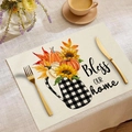 Rectangle pumpkin sunflower placemat with Bless OUR home text for Thanksgiving table - Plaid Jar Bless OUR home