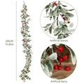 Guirlande de Noël artificielle avec feuilles givrées et baies rouges en 180cm - Guirlande Oreille d'Agneau 1.8m