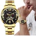 Men's Geneva quartz watch featuring a gold steel band, black dial, and chronograph style - 12 And 6 Numerals Design