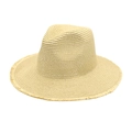 Summer fedora straw hat with frayed edges for sun protection in light beige color - M (56-58cm) / Beige