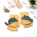 Winter warm knitted convertible gloves for kids featuring cute green crocodile design - Yellow